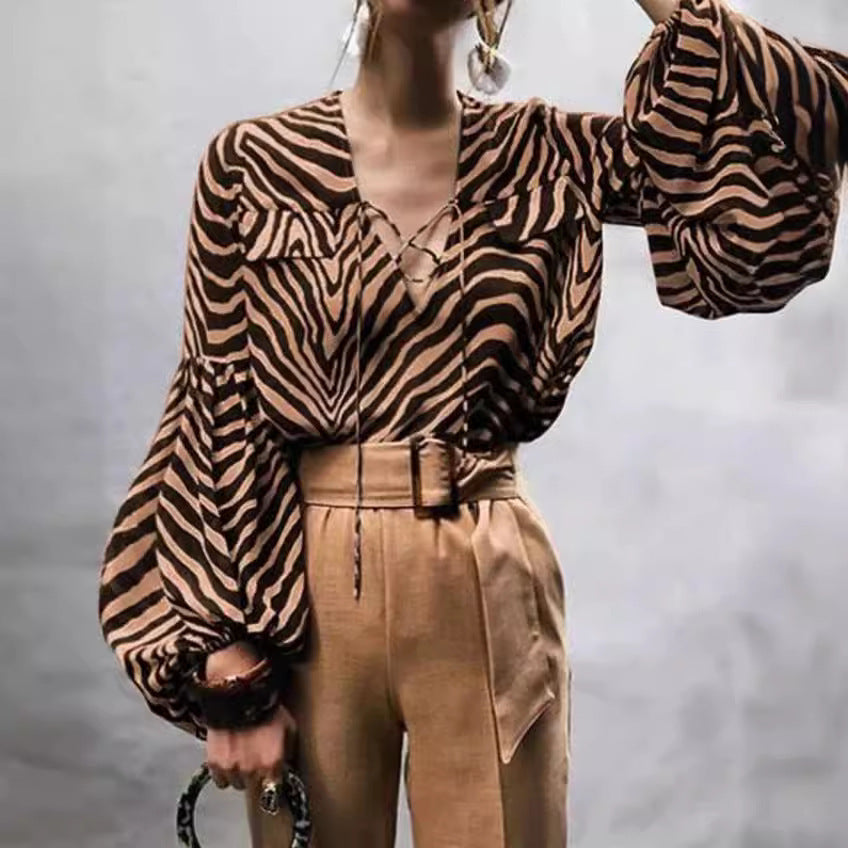 Women's Clothing Spring And Summer  Zebra Prints V-neck Lace-up Long Sleeve Shirt ARZ