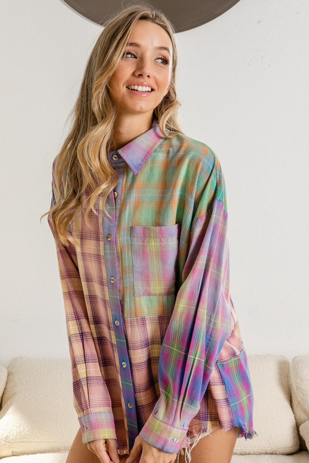 BiBi Plaid Color Block Button Up Shirt Trendsi