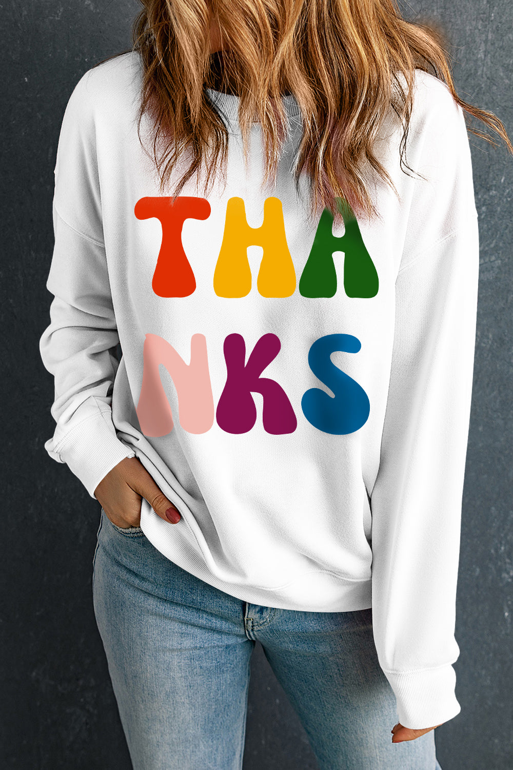 THANKS Round Neck Long Sleeve Sweatshirt Trendsi