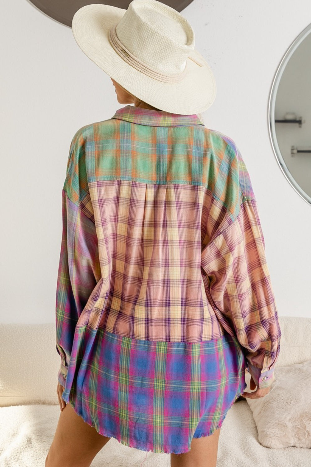 BiBi Plaid Color Block Button Up Shirt Trendsi