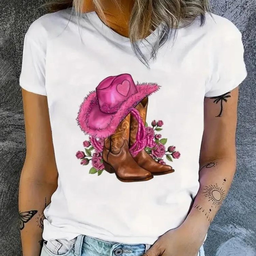 Cowgirl Floral Print T-shirts Women Summer Tshirt Lady Rive ARZ