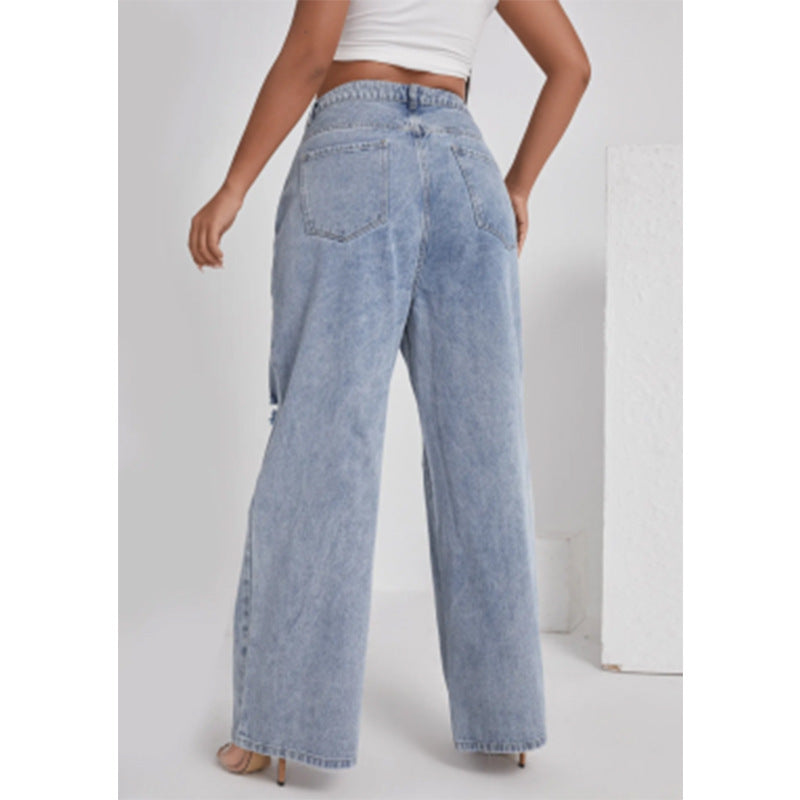 Women's Denim With Hole High Waist Straight-leg Pants ARZ