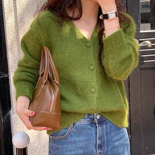 Knitted Cardigan Vintage Avocado Green V-neck Lazy Style Sweater ARZ