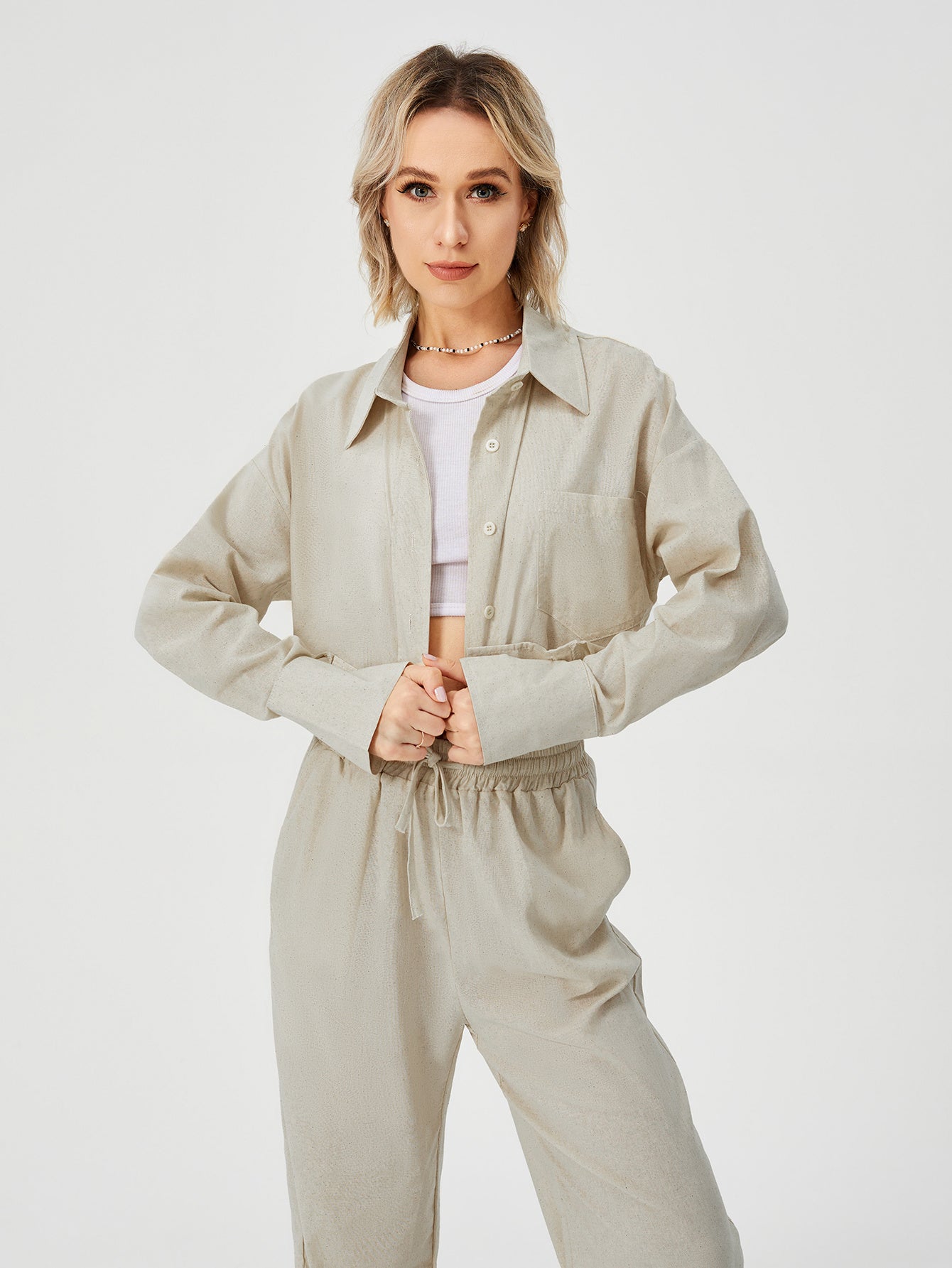 Women Two Piece Outfits For Women Long Sleeve Button Down Wide Leg Loungewear Pajama Set ARZ