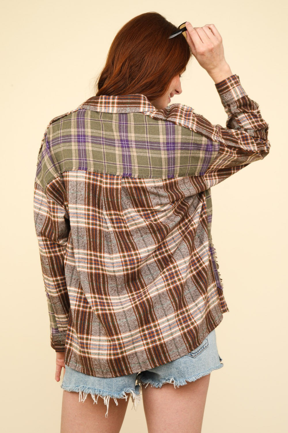 VERY J Contrast Plaid Raw Detail Shirt Trendsi