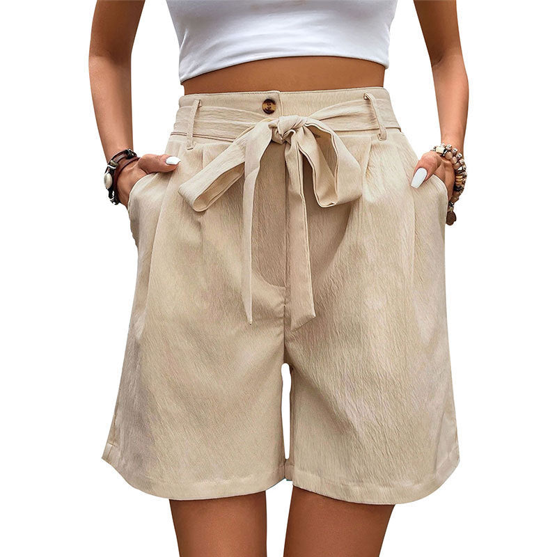 Women's Simple Casual Lace Up Elastic Waist Solid Color Shorts ARZ