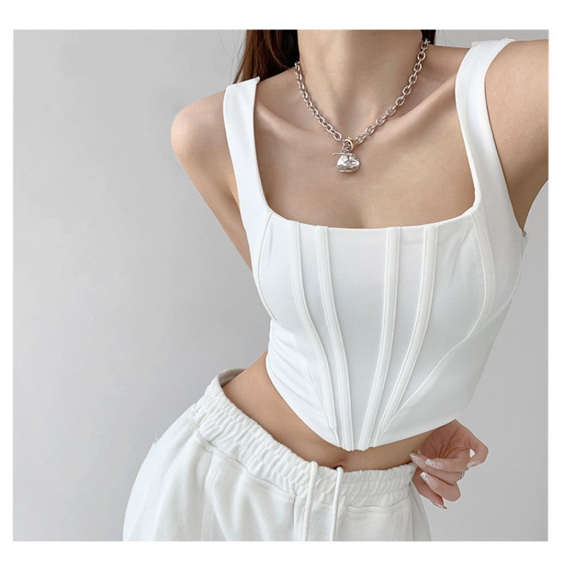 Square Collar Fishbone Waist Girdle Spaghetti-strap Camisole Top ARZ