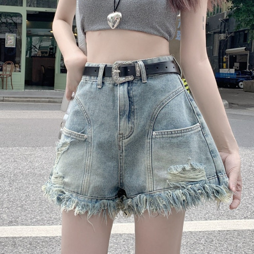 Ripped Denim Shorts Wide Leg Frayed Hem A- Line Retro High Waist ARZ