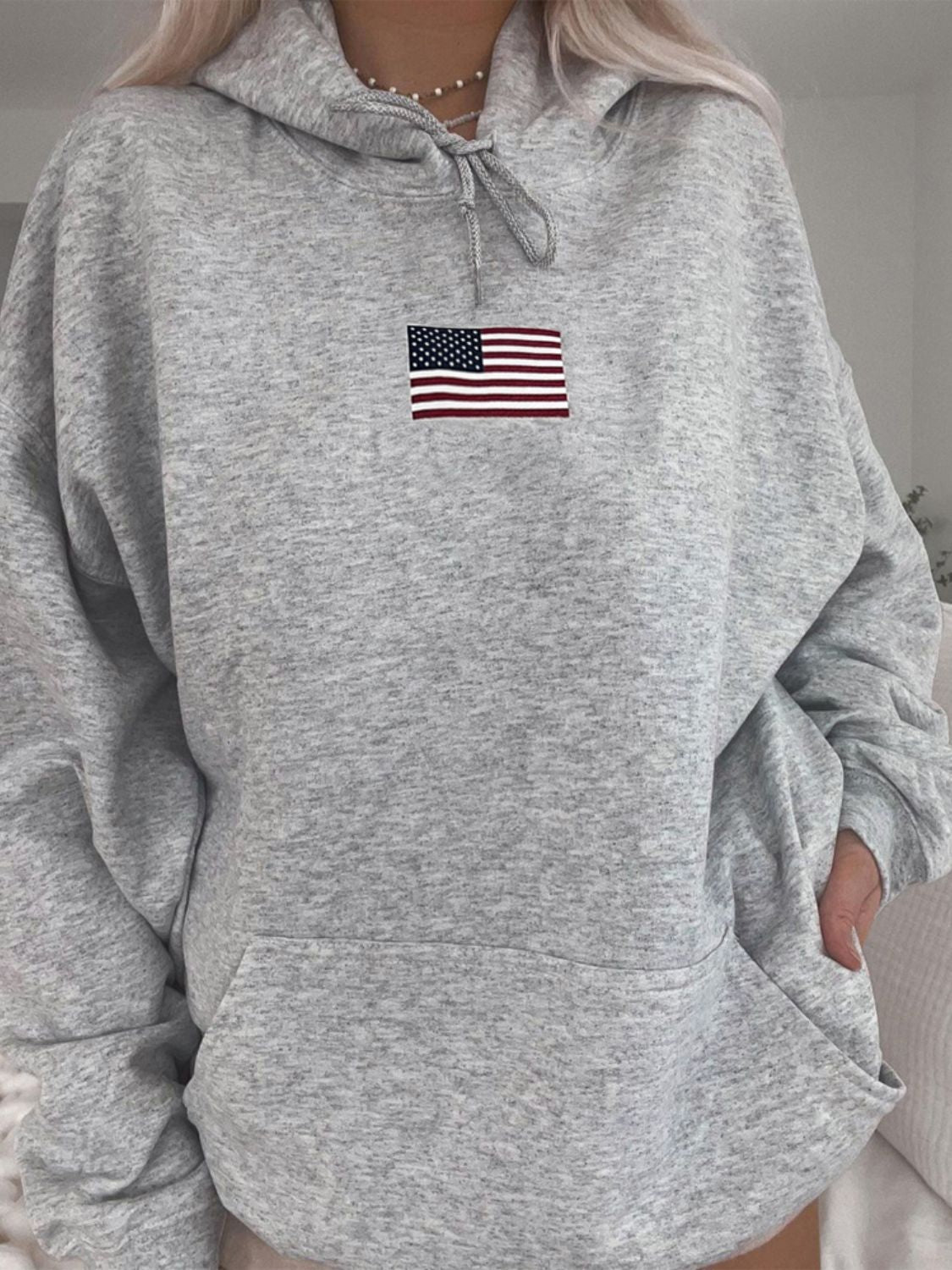 Devine Drawstring US Flag Long Sleeve Hoodie Trendsi