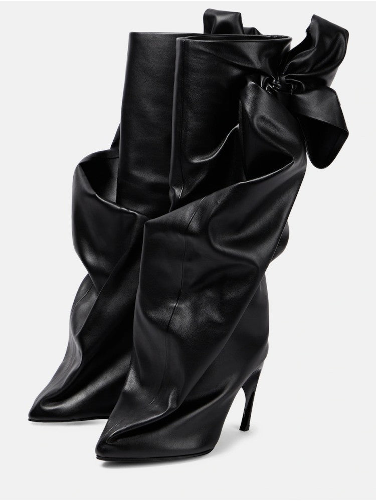 Black Bow Stitching Sleeve Pleated Special-shaped High Heel Women's Boots ARZ