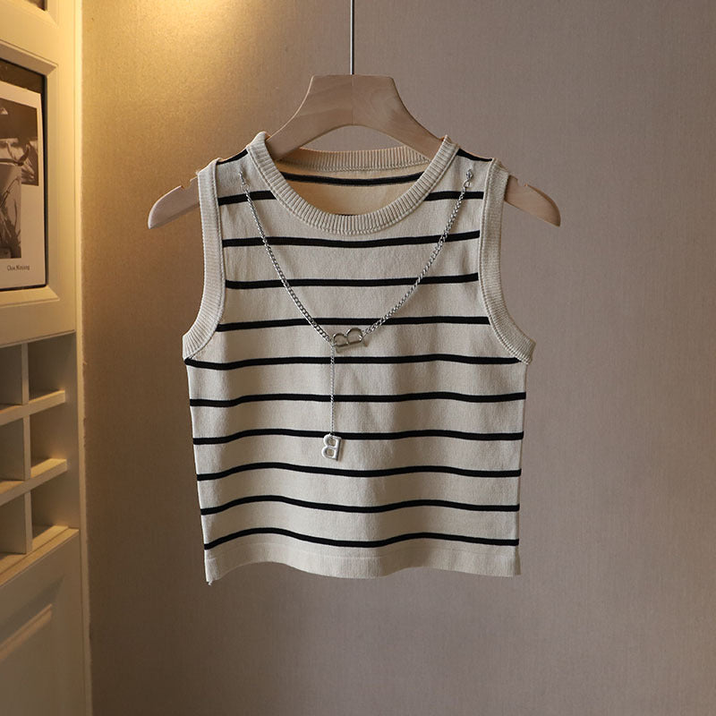 Summer Clothing New Korean Style Women's Contrast Color Striped Round Neck Vest Letter Chain Short Inner ARZ