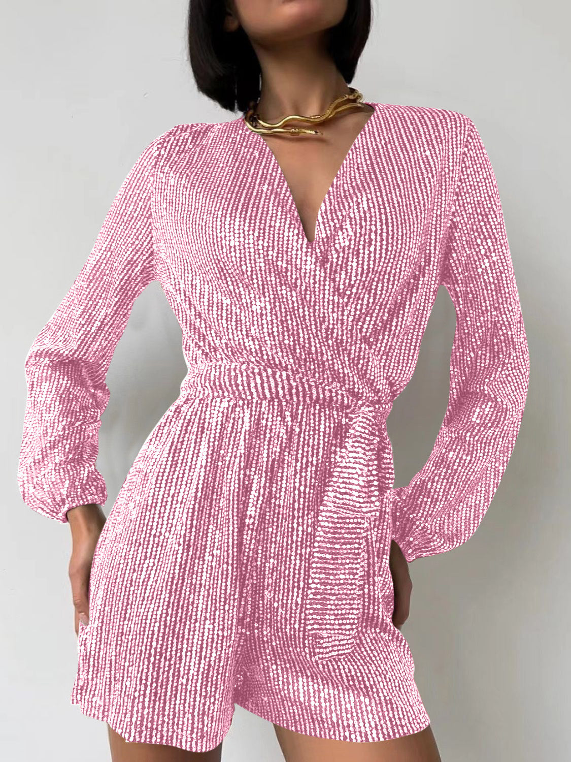 Full Size Sequin Surplice Tie Waist Long Sleeve Romper Trendsi