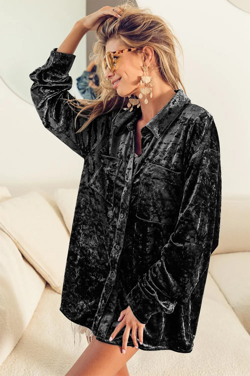 BiBi Button Up Long Sleeve Velvet Shirt Trendsi