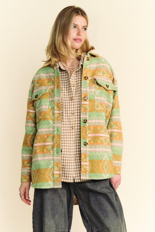 Davi & Dani High-Low Geometric Long Sleeve Shacket with Pockets Trendsi