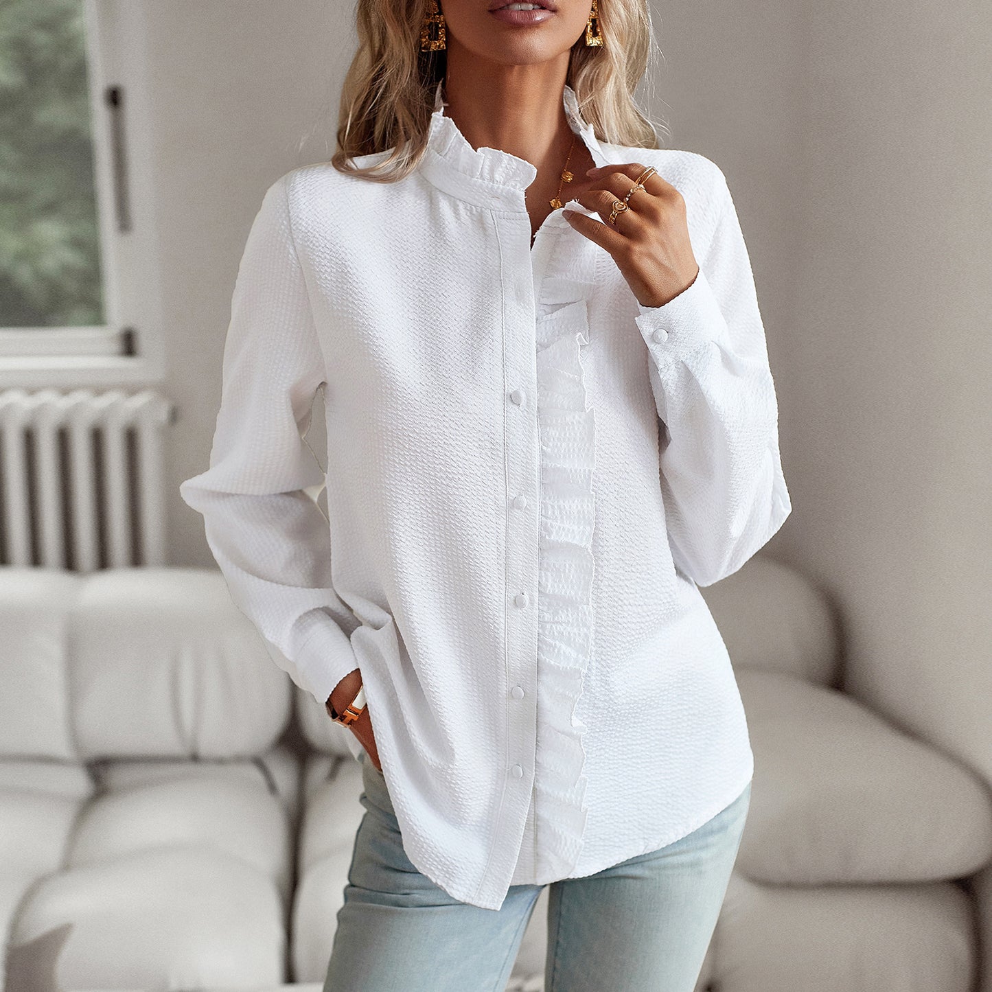 Striped Long Sleeve Shirt Fashion Ruffle Design Button Up Tops Casual Office Blouse Elegant Commuting Women's Clothing ARZ