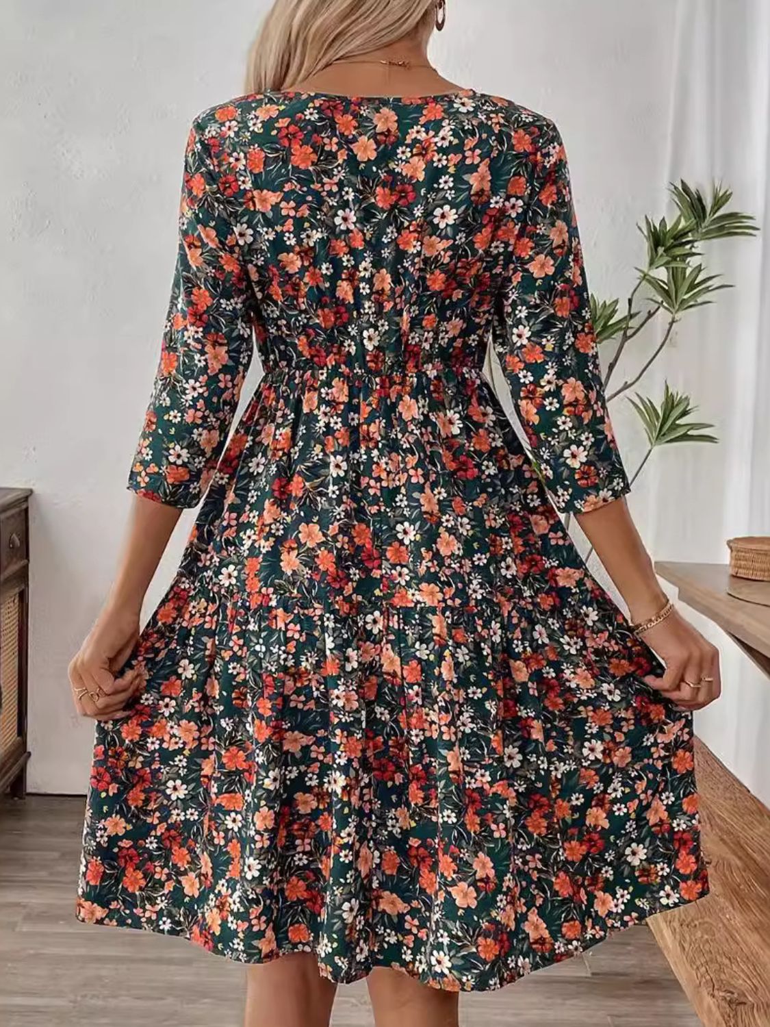 Frill Floral Round Neck Dress Trendsi