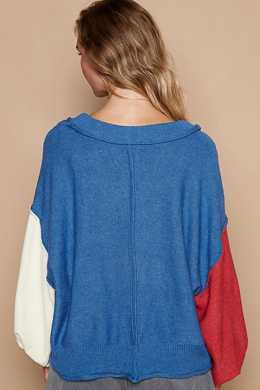 POL Exposed Seam Contrast V-Neck Lantern Sleeve Sweater Trendsi