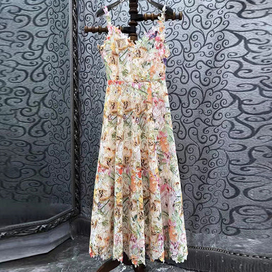 Sling Color Flower Embroidery Hollow Dress ARZ