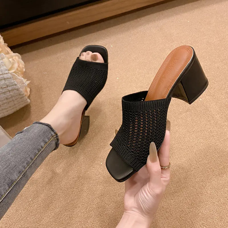 Block Heel Knit Sandals Trendsi