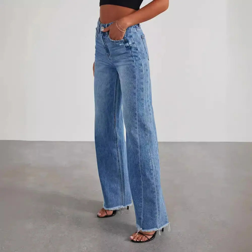 Women's Loose Wide-leg Side Seam Stitching Frayed Hem Jeans ARZ