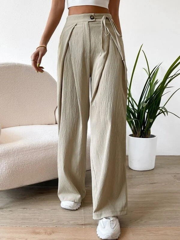 Women's High Waist Drawstring Patchwork Wide-leg Pants Casual Straight Pants ARZ