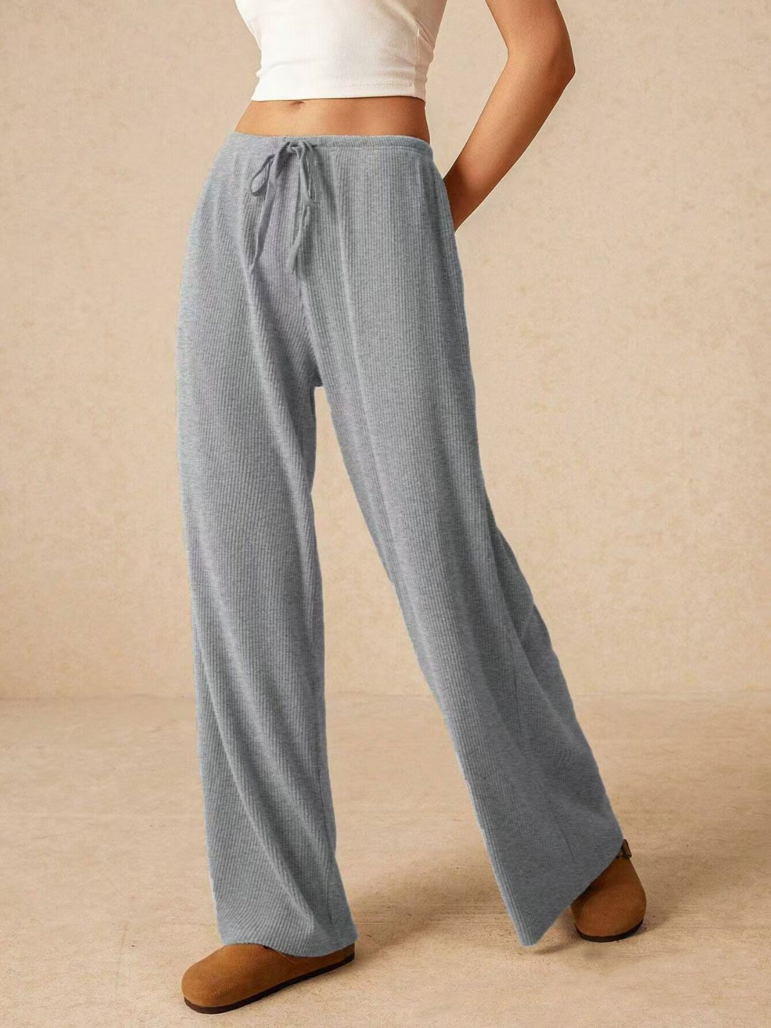 Stylish Drawstring Trousers - Ribbed Wide Leg Pants Trendsi