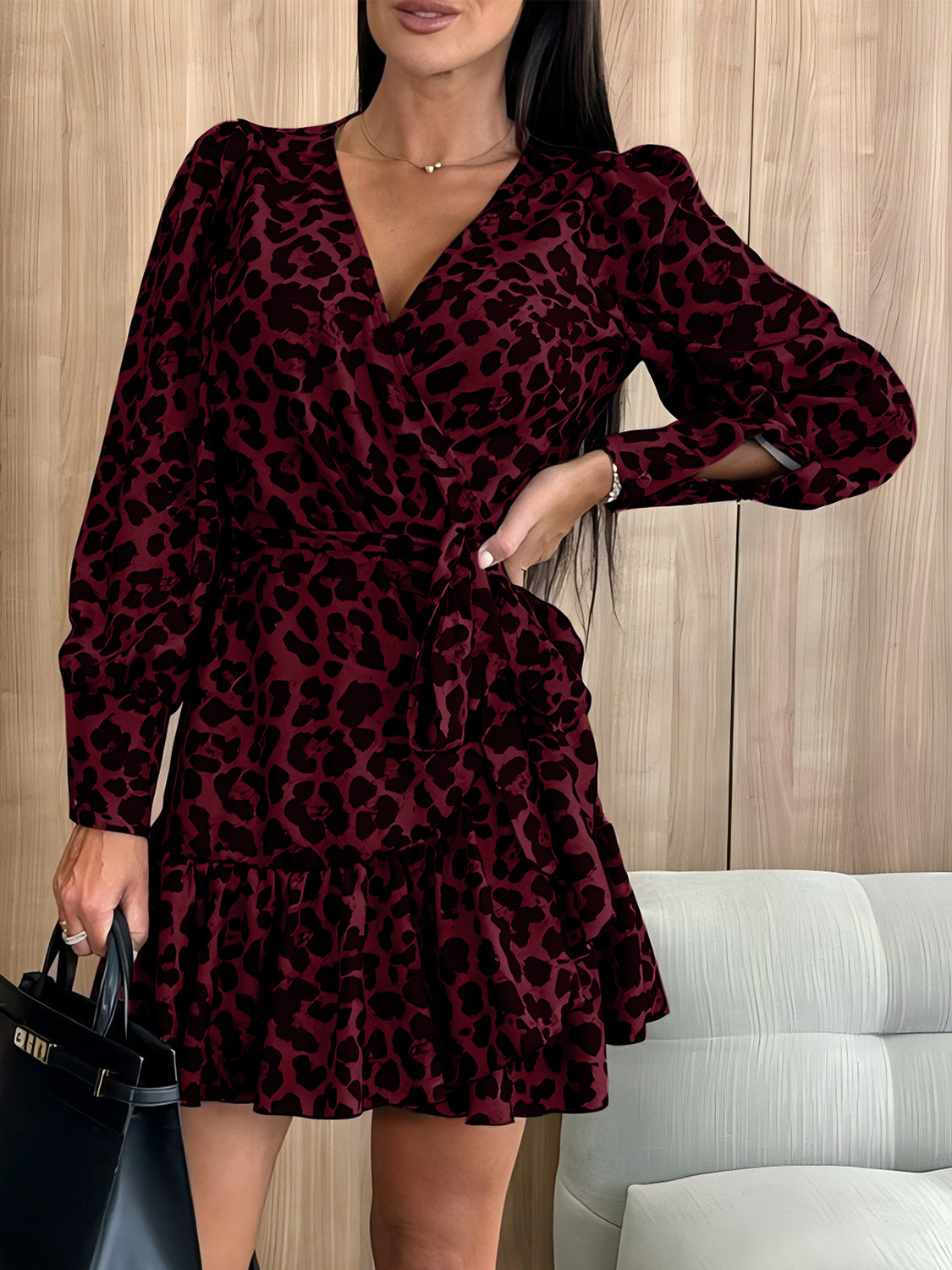 Tied Leopard Surplice Long Sleeve Dress Trendsi