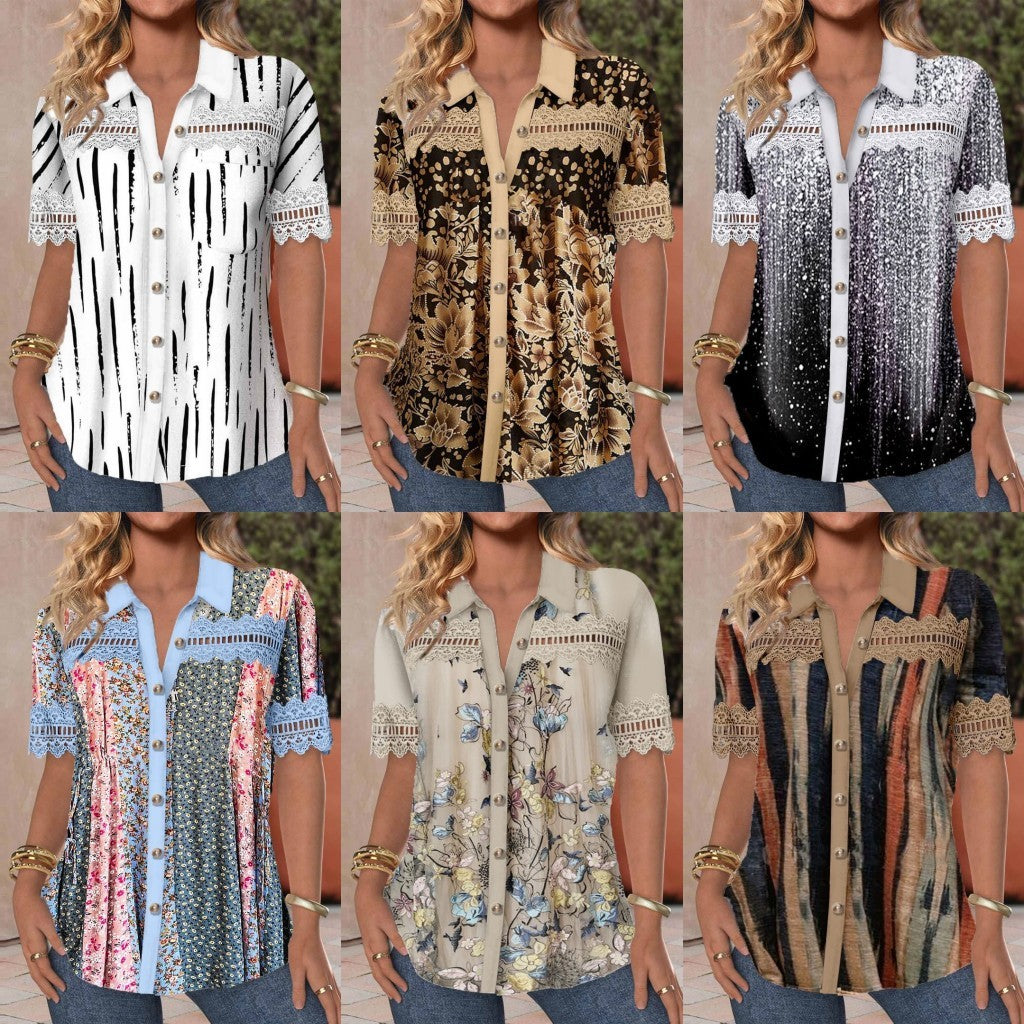 Women's V-neck Buttons Stitching Short Sleeve Casual Printed Shirt ARZ