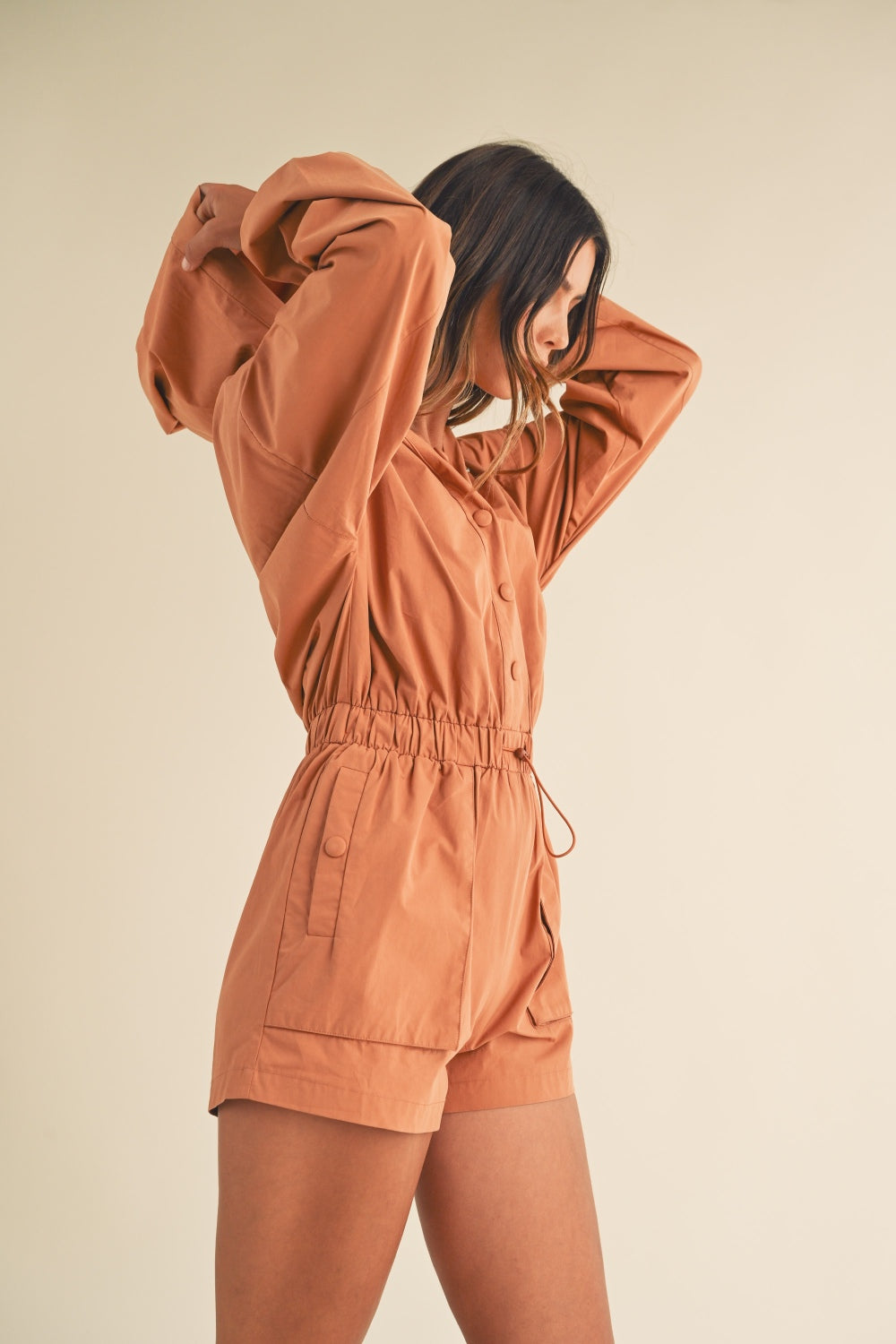 Mable Snap Down Long Sleeve Hooded Romper Trendsi