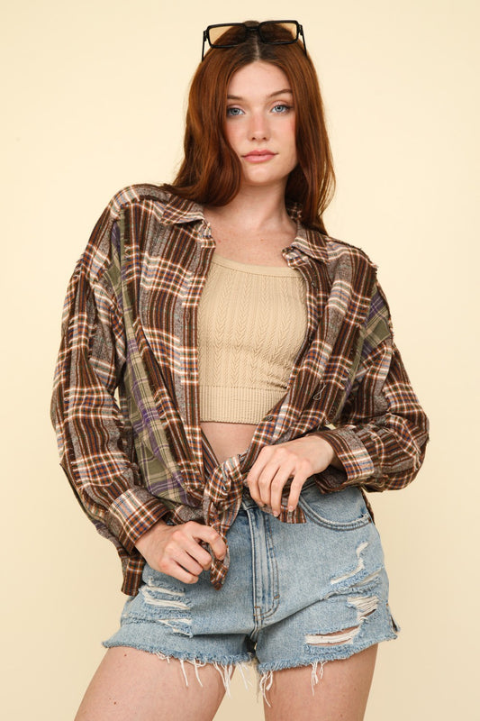 VERY J Contrast Plaid Raw Detail Shirt Trendsi