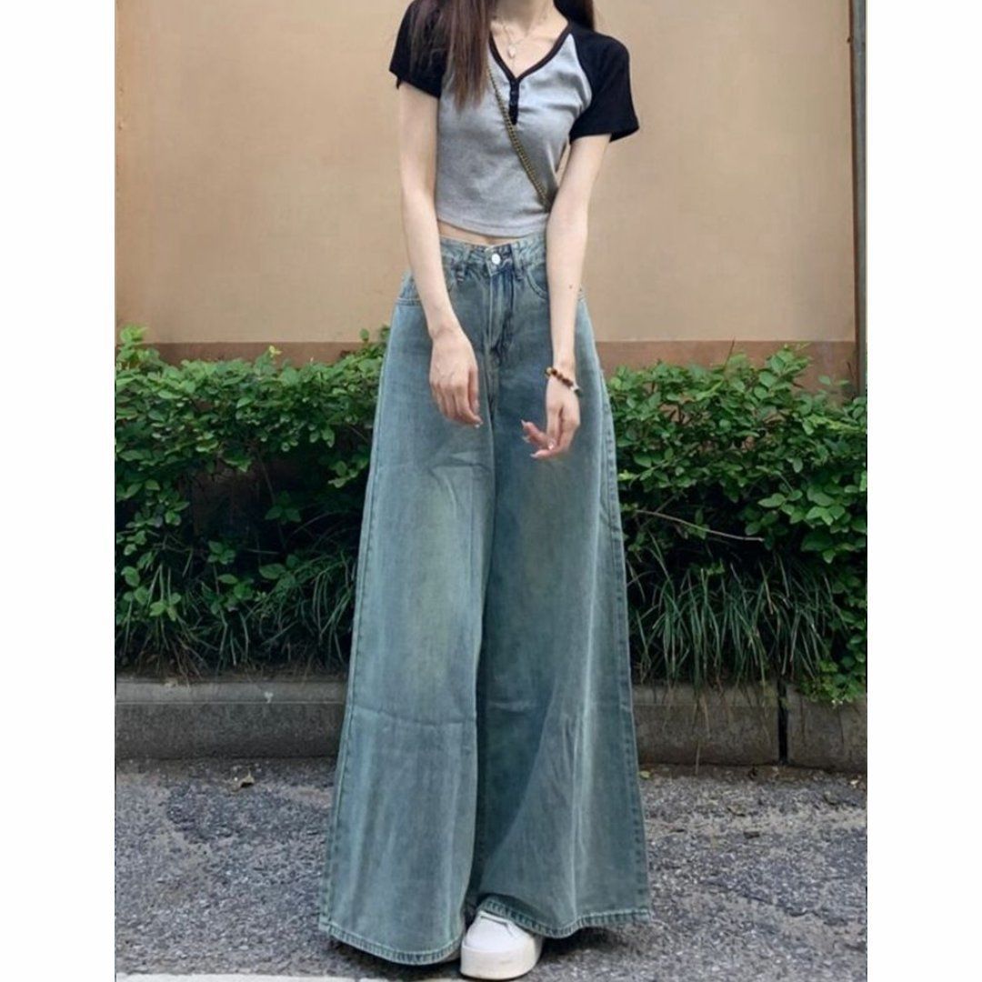 Washed-out Vintage Wide Leg Jeans High Waist Slimming ARZ