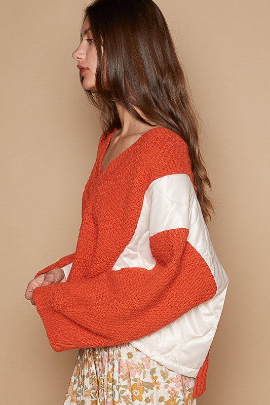 POL Cable Knit Quilting Patch V-Neck Contrast Sweater Trendsi