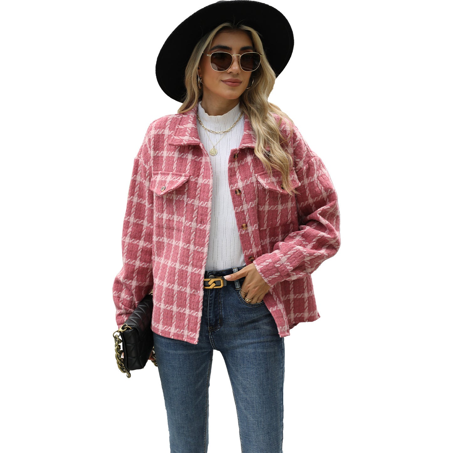 Women's Lapel Plaid Long Sleeve Baggy Coat ARZ