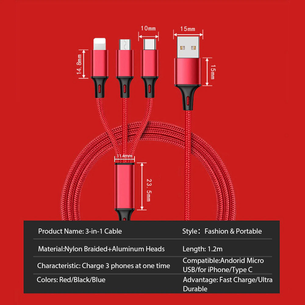 3 In 1 USB Cable For 'IPhone XS Max XR X 8 7 Charging Charger Micro USB Cable For Android USB TypeC Mobile Phone Cables ARZ