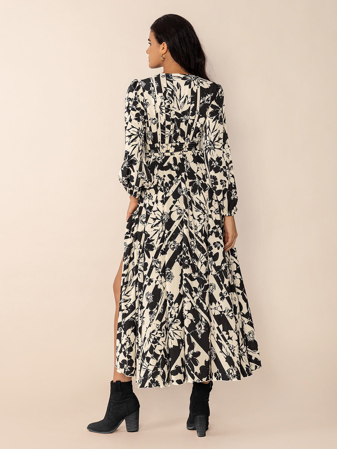 Tied Printed V-Neck Long Sleeve Midi Dress Trendsi