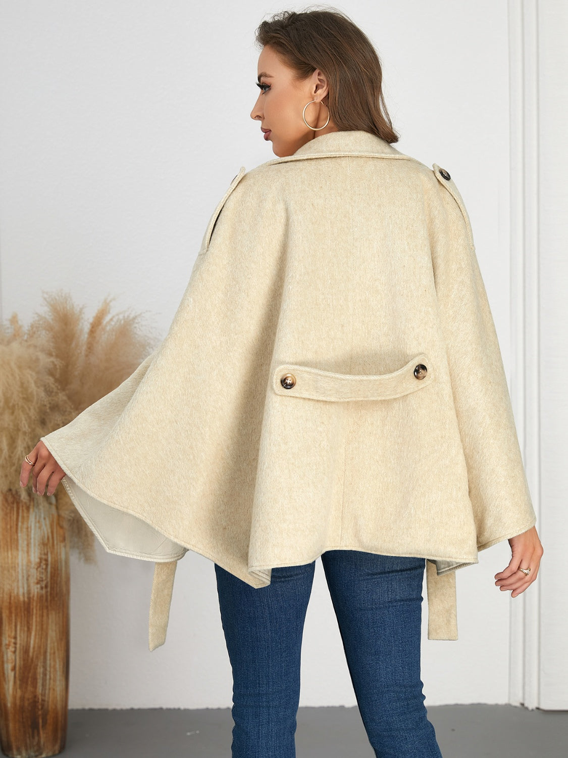 Double-Breasted Tie Waist Poncho Trendsi