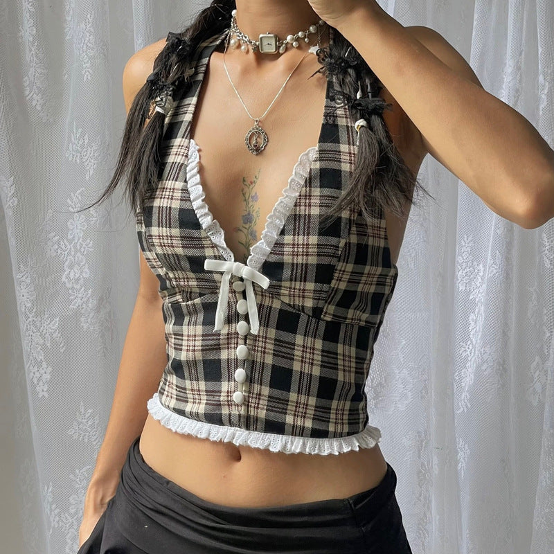 Sexy French Style Sweet Retro Plaid Halter Vest Top ARZ