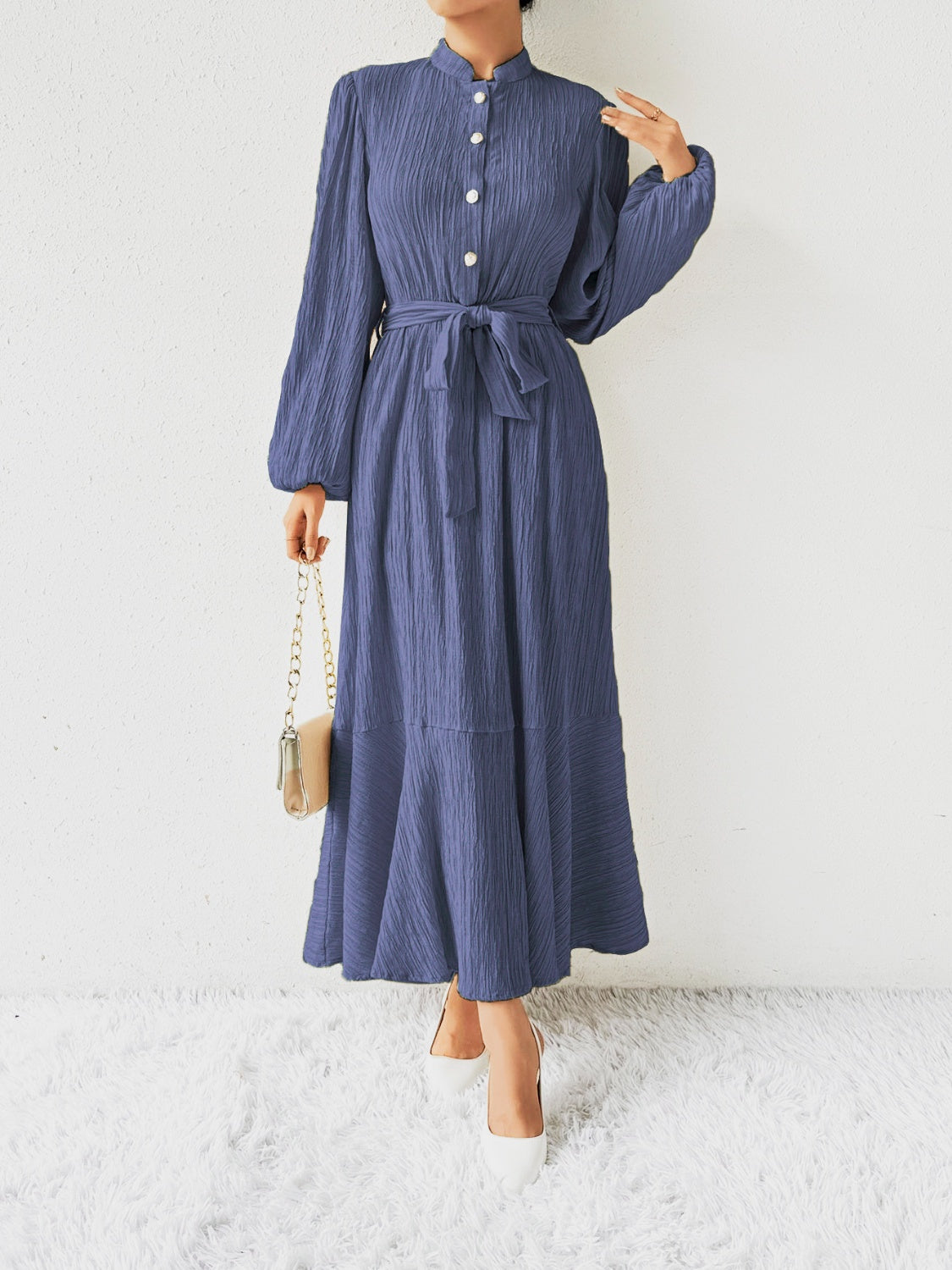 Honey Tie Waist Long Sleeve Dress Trendsi