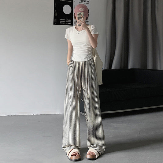 Two-tone Vertical Stripes Thin High Waist Casual Loose Wide Leg Pants ARZ