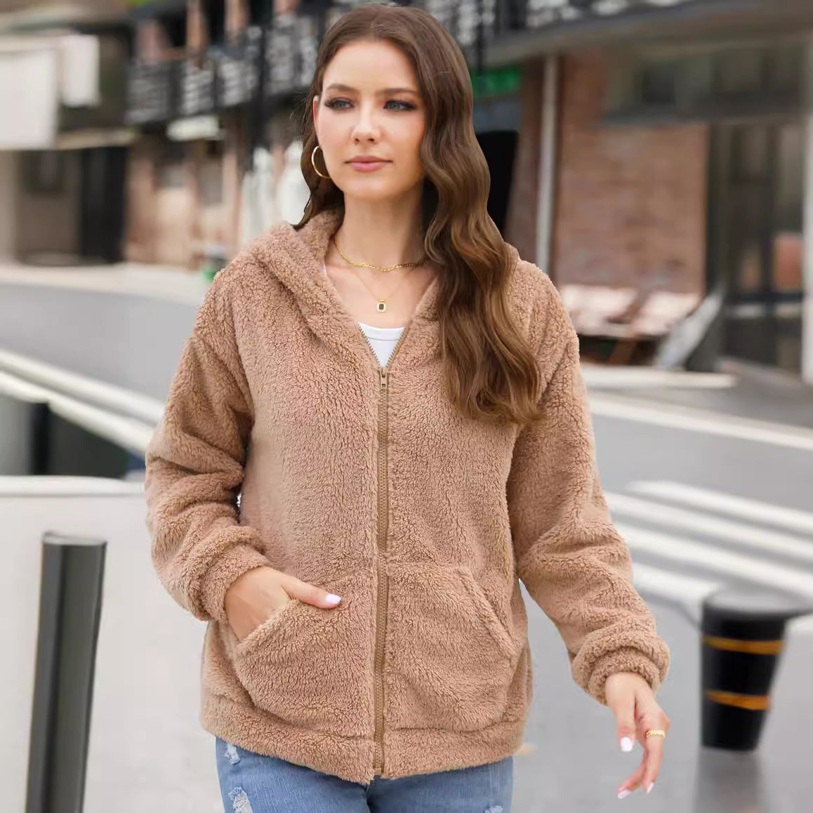 European And American Loose Casual Thickening Hooded Plush Coat ARZ