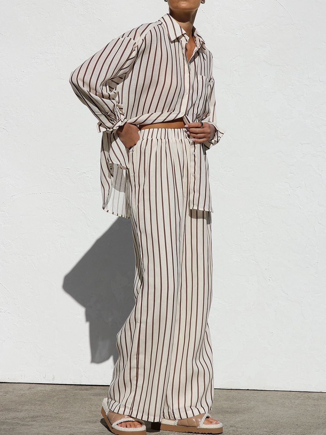 Striped Pants: Collared Neck Long Sleeve Top & Pants Set Trendsi