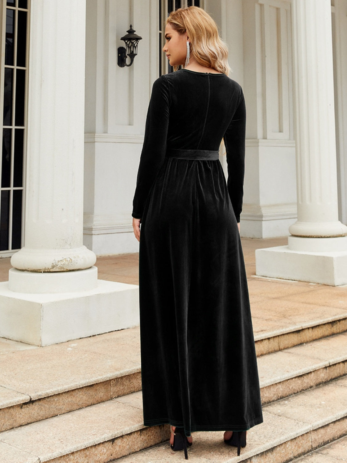 Tie Front Round Neck Long Sleeve Maxi Dress Trendsi