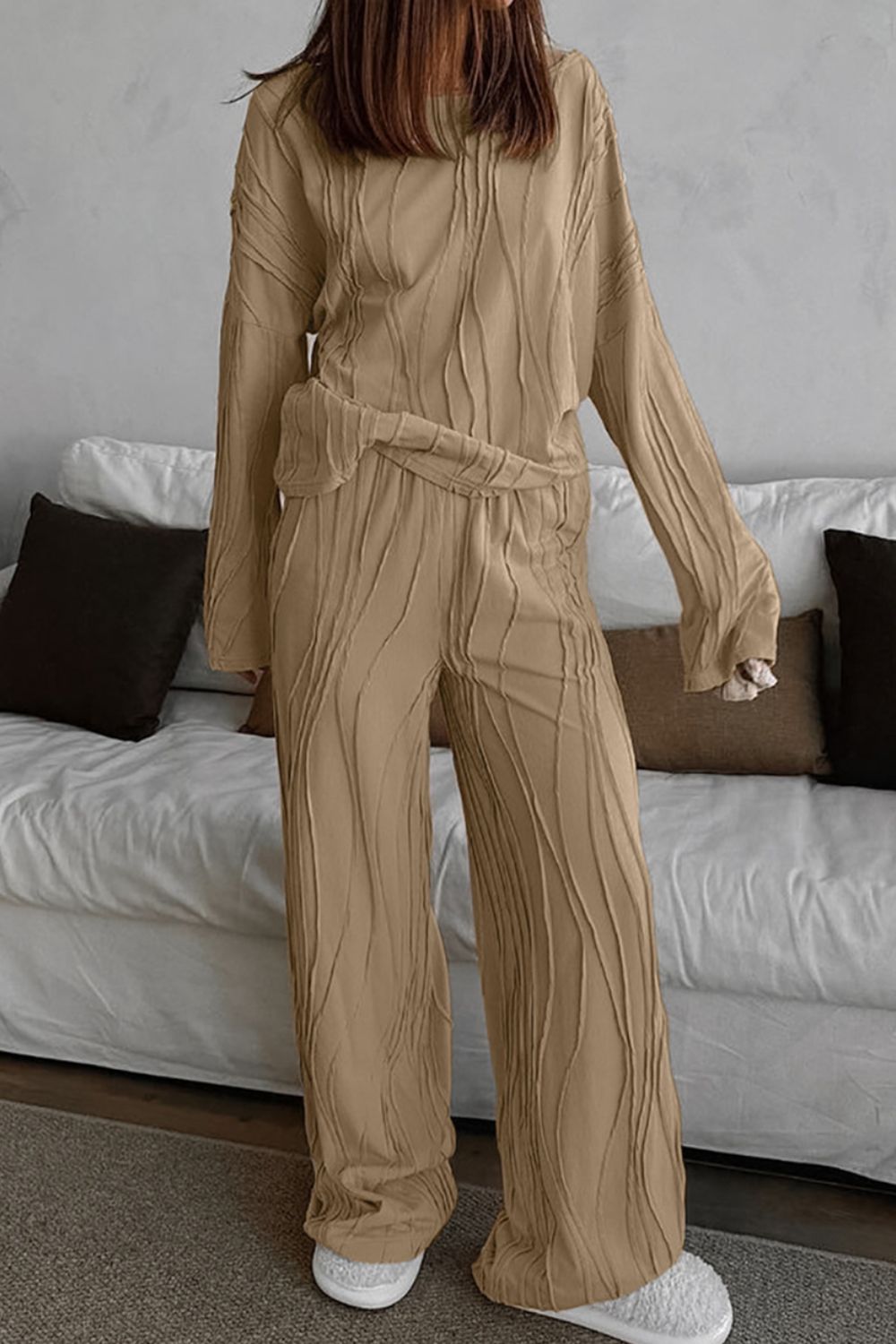 Texture Dropped Shoulder Long Sleeve Top and Pants Set Trendsi