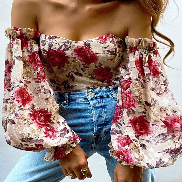 Sexy Off-shoulder Wrapped Chest Printed Lantern Sleeve Chiffon Shirt Blouse ARZ