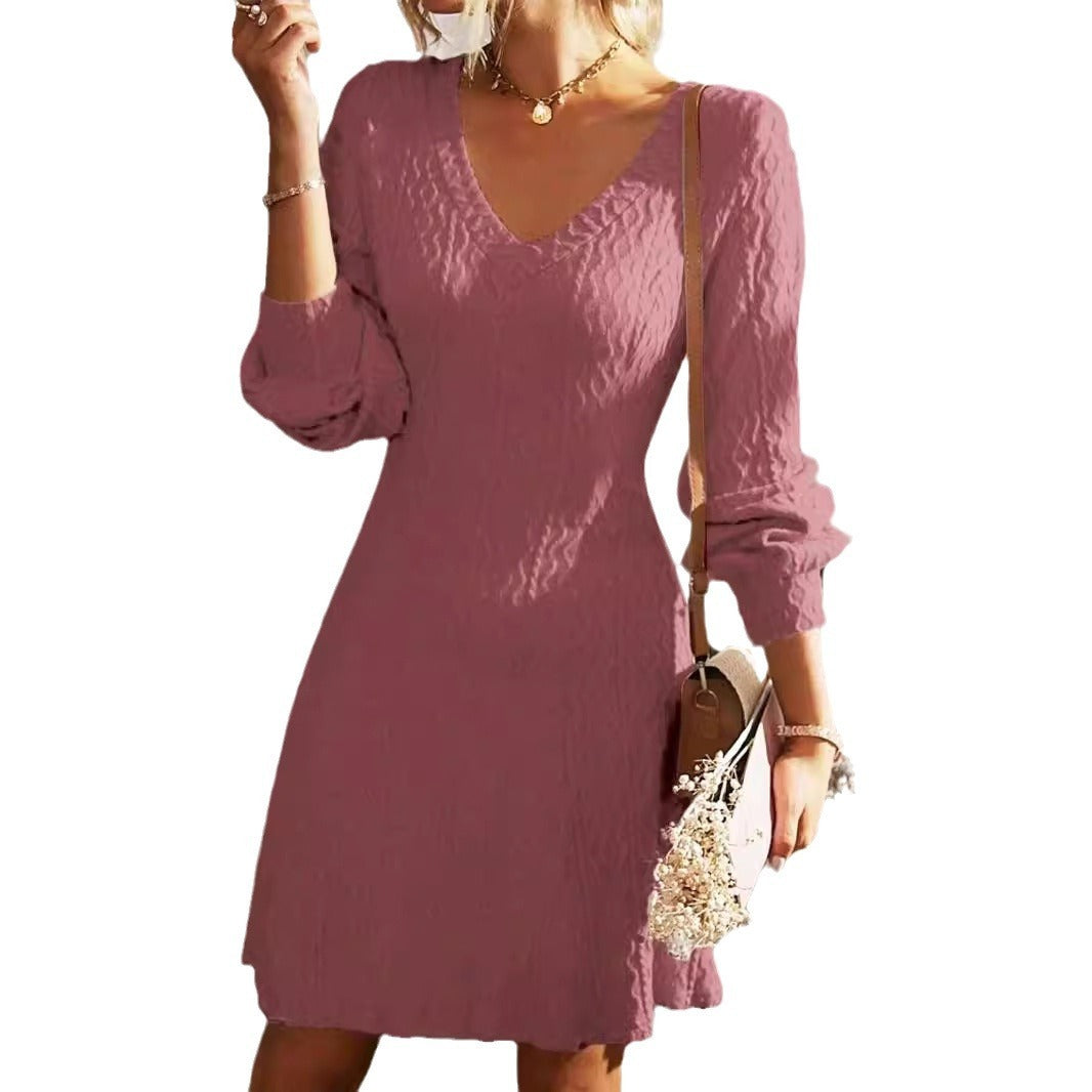 V-neck Textured Long Sleeve Elegant Dress ARZ