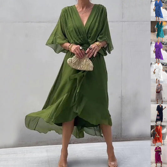 Batwing Sleeve V-neck Dress Summer Pure Color Tied Irregular Long Dresses Womens Clothing ARZ