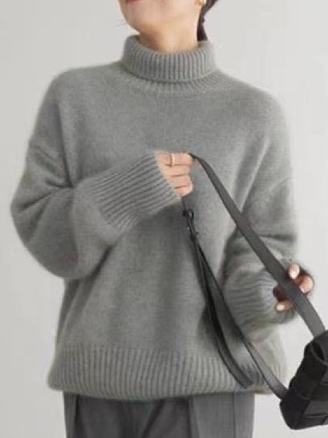 Turtleneck Dropped Shoulder Long Sleeve Sweater Trendsi