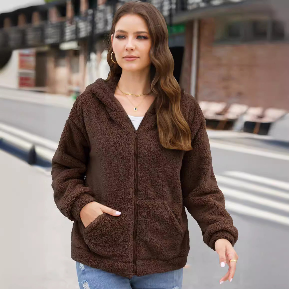 European And American Loose Casual Thickening Hooded Plush Coat ARZ