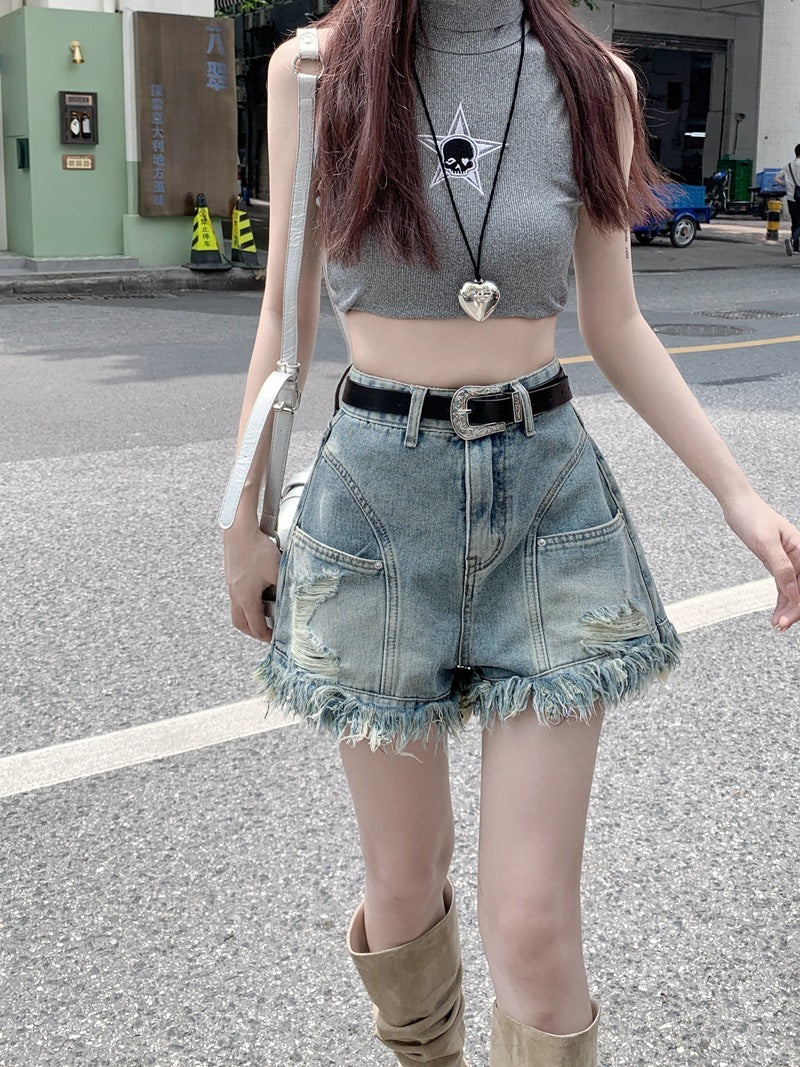 Ripped Denim Shorts Wide Leg Frayed Hem A- Line Retro High Waist ARZ