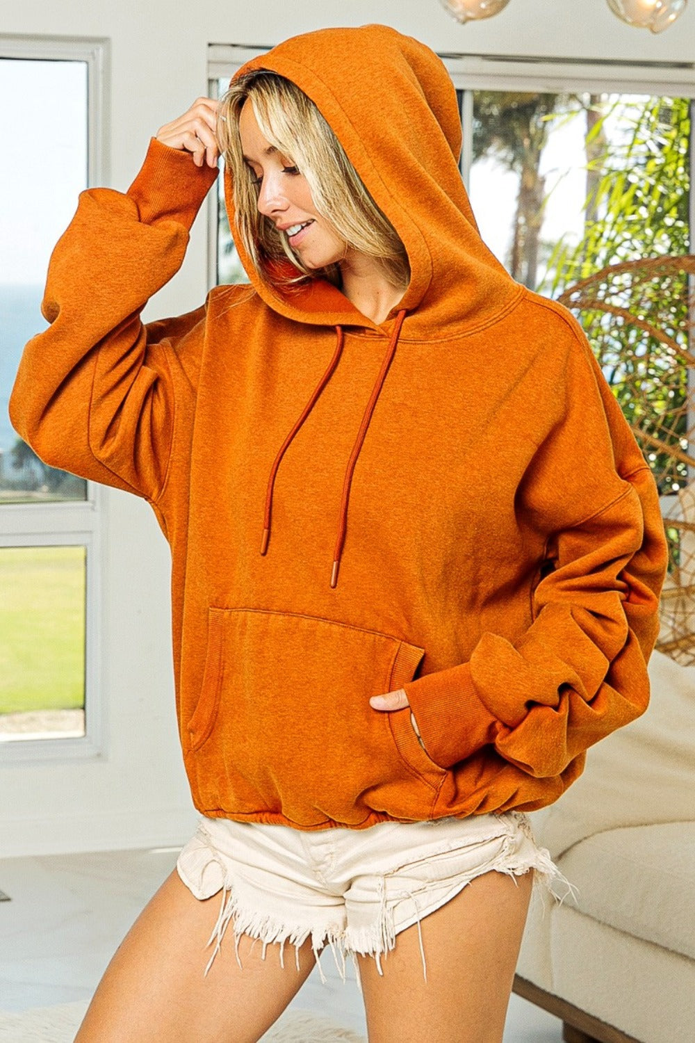 BiBi Ruched Long Sleeve Washed Fleece Hoodie Trendsi